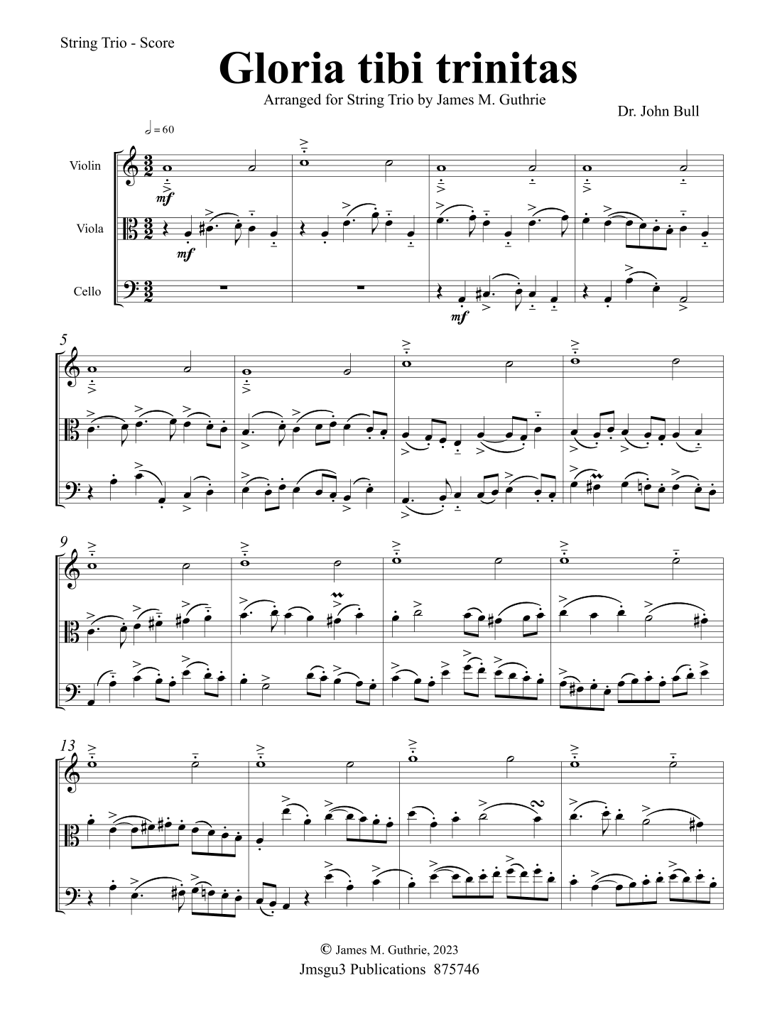 Bull: Gloria tibi trinitas for String Trio (arr. James M. Guthrie)