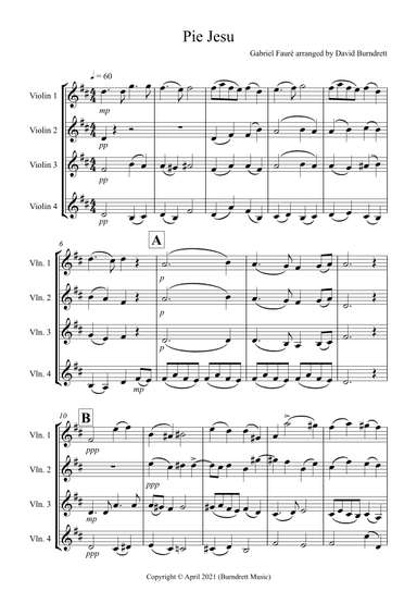 Pie Jesu (from Requiem) for Violin Quartet (arr. David Burndrett)