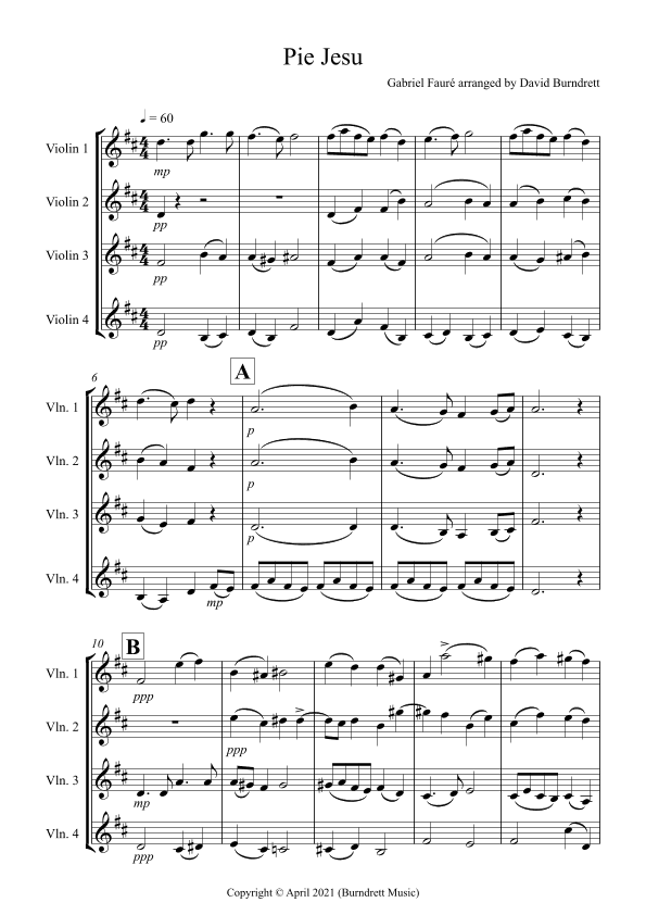 Pie Jesu (from Requiem) for Violin Quartet (arr. David Burndrett)