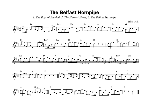 The Belfast Hornpipe as played by James Galway (lead sheet with chords) (arr. K. Krantz)