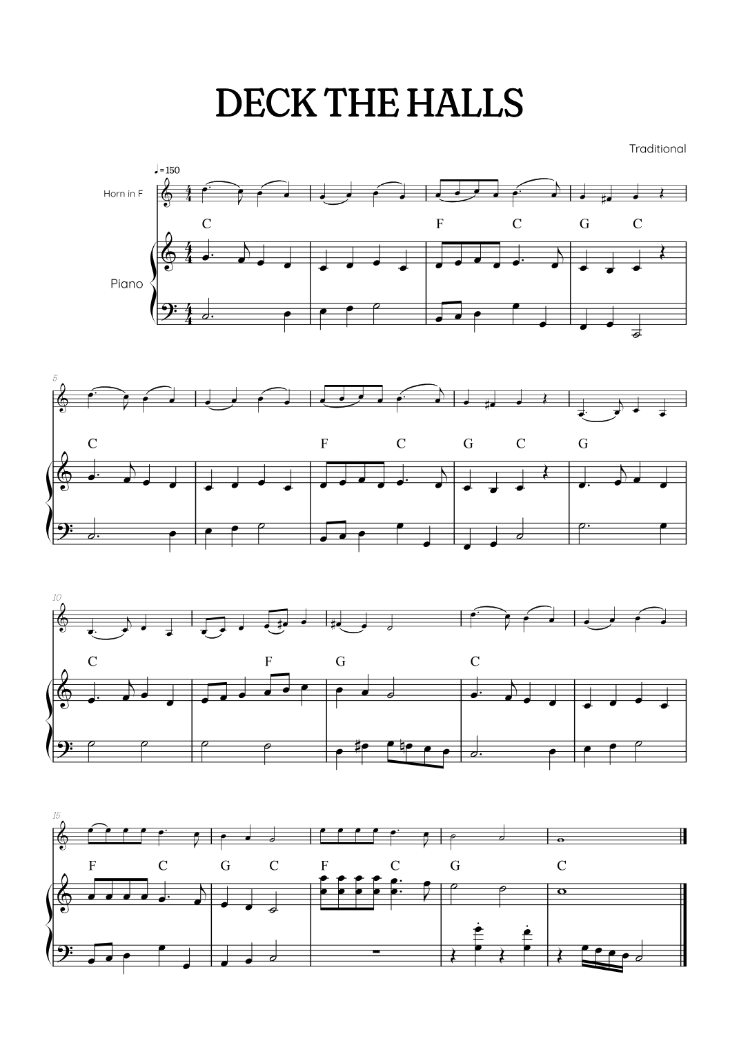 Deck the Halls for french horn with piano accompaniment • easy Christmas song sheet music with chord (arr. Benzaiten Editions)
