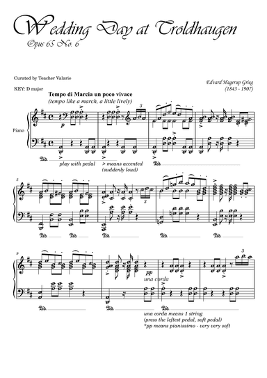 Wedding Day at Troldhaugen GRIEG [Piano Sheet with note names] (arr. Published Harmony)
