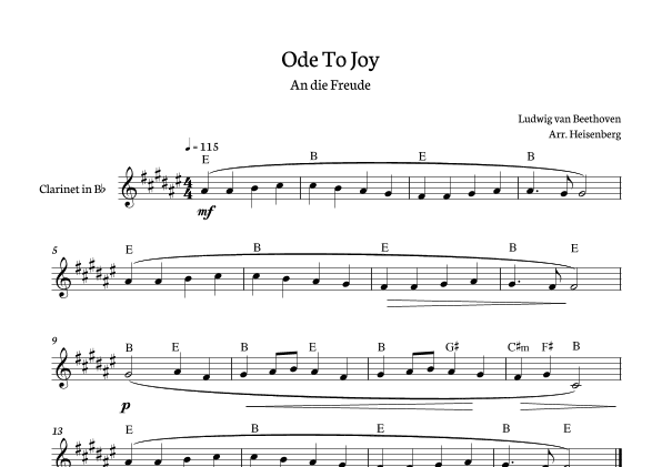 Beethoven - Ode to Joy for clarinet with chords in E major. (arr. Heisenberg)