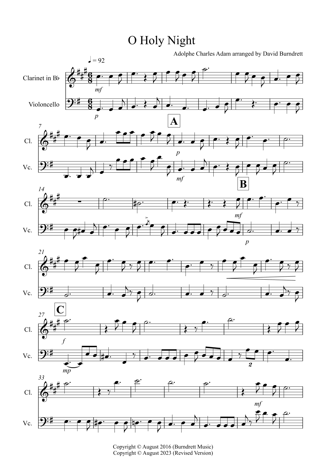 O Holy Night for Clarinet and Cello Duet (arr. David Burndrett)