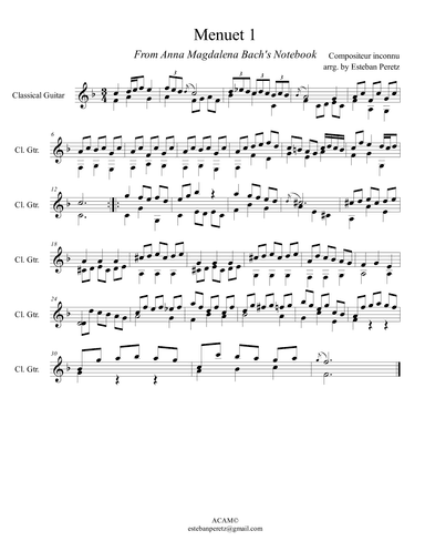 All 9 Menuets from Anna Magdalena Bach's Notebook for Classical Guitar (arr. Esteban Peretz)