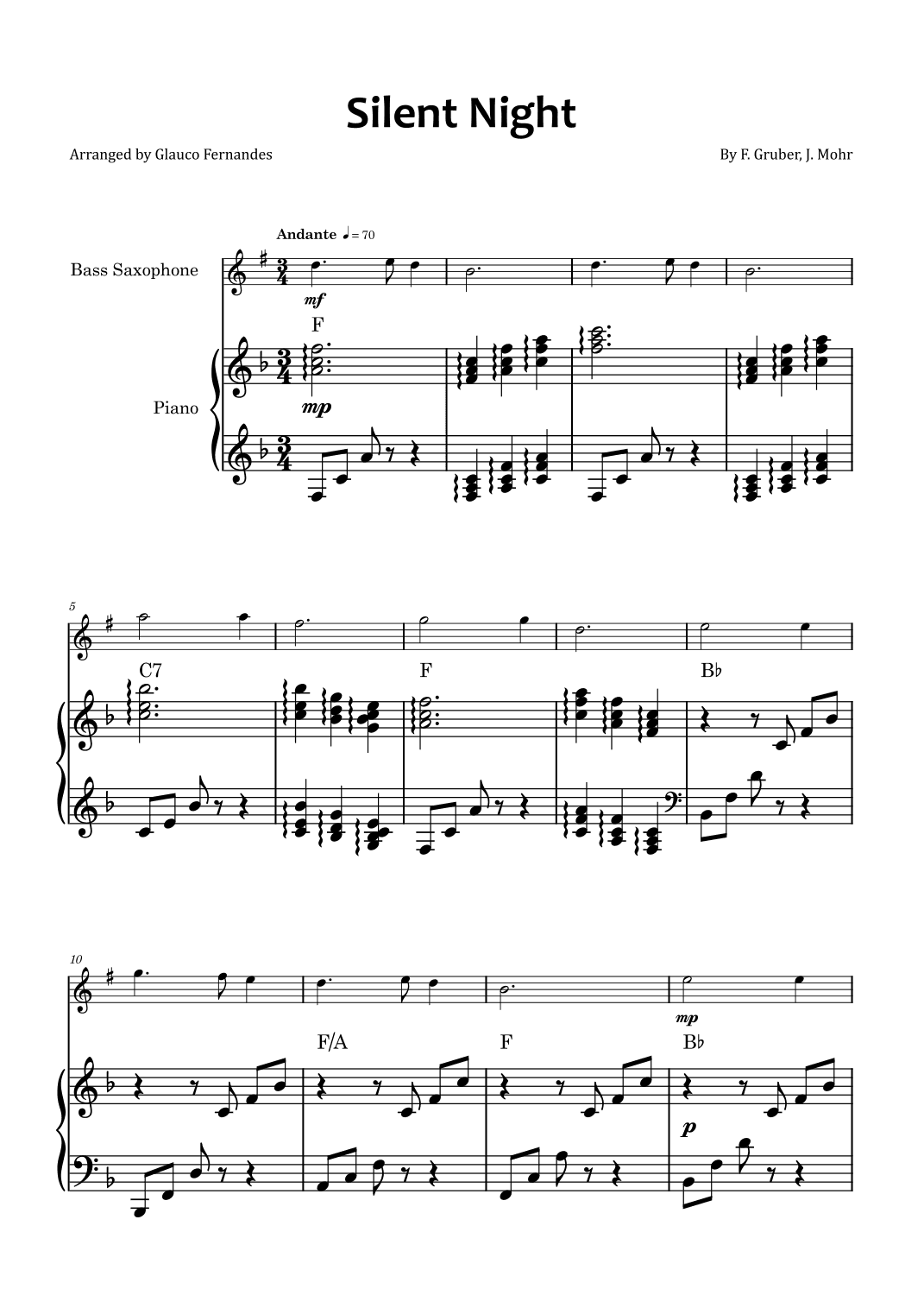 Silent Night - Bass saxophone and piano with chord symbols (arr. Glauco Fernandes)