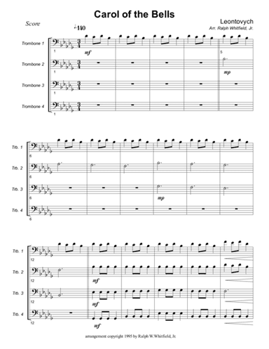 Carol of the Bells - Trombone Quartet/Choir (arr. Ralph Whitfield, Jr.)