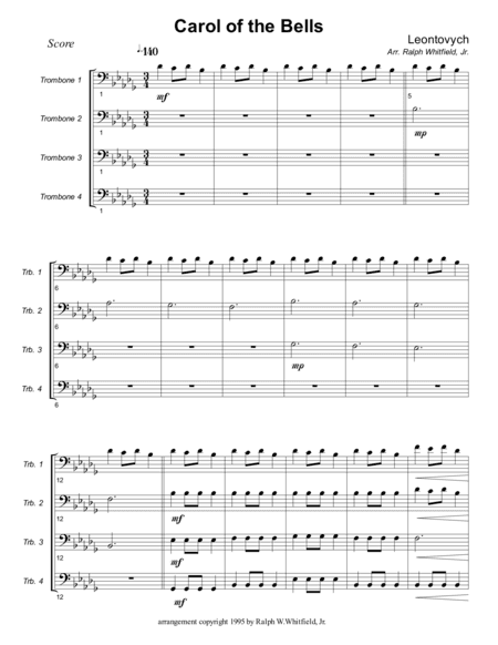 Carol of the Bells - Trombone Quartet/Choir (arr. Ralph Whitfield, Jr.)