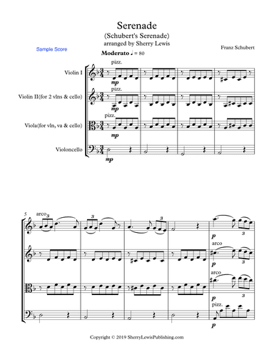 SCHUBERT SERENADE  String Trio, Intermediate Level for 2 violins and cello or violin, viola and cell (arr. Sherry Lewis)