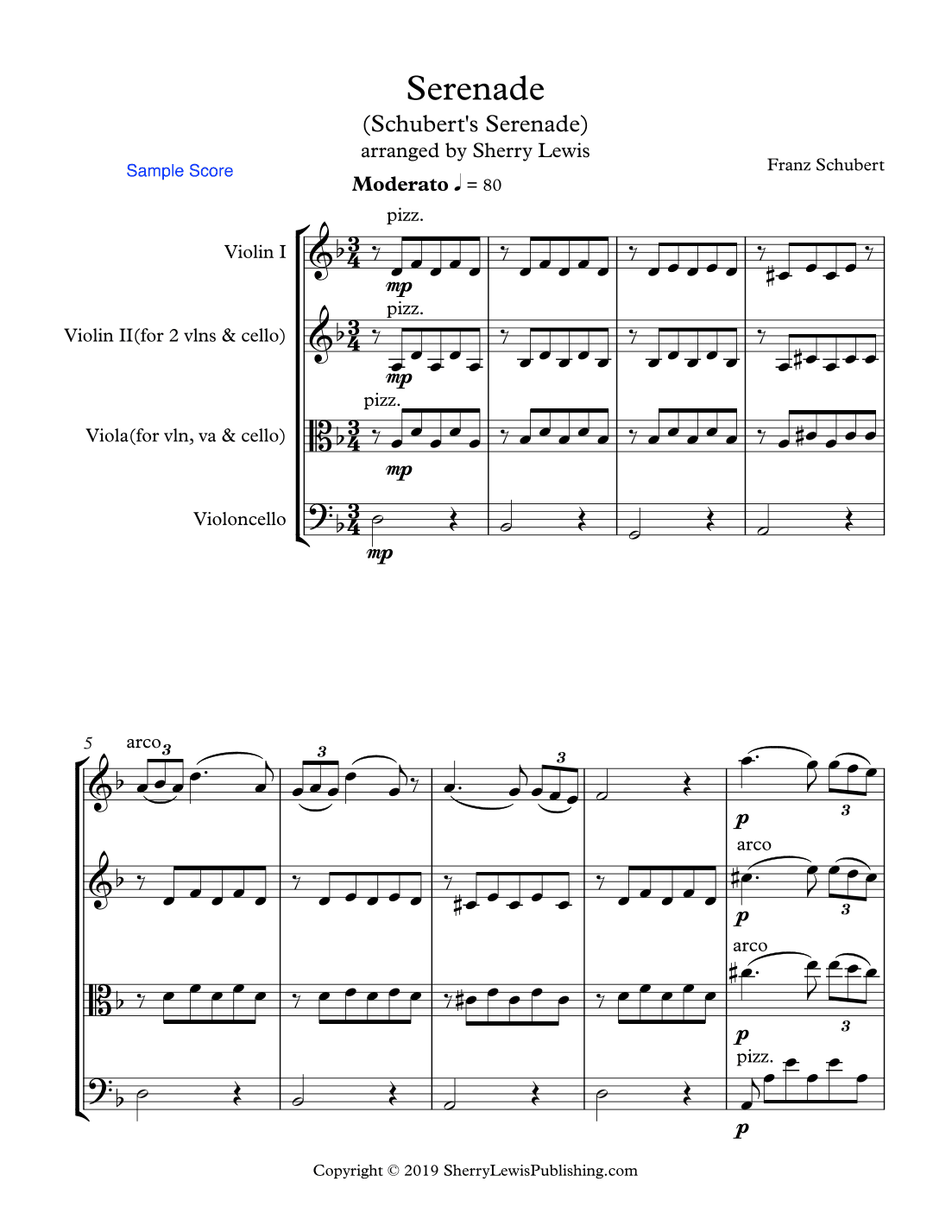 SCHUBERT SERENADE  String Trio, Intermediate Level for 2 violins and cello or violin, viola and cell (arr. Sherry Lewis)