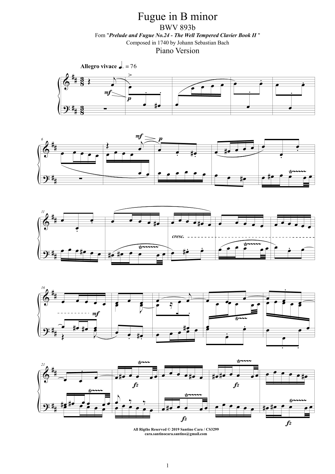 Bach - Fugue in B minor BWV 893b - Piano version (arr. Santino Cara)