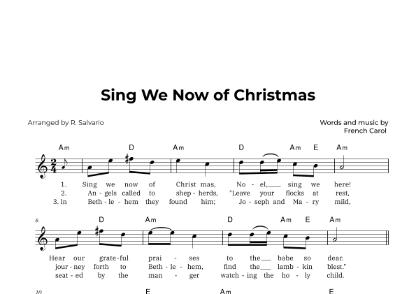 Sing We Now of Christmas (Key of A Minor) (arr. R. Salvario)