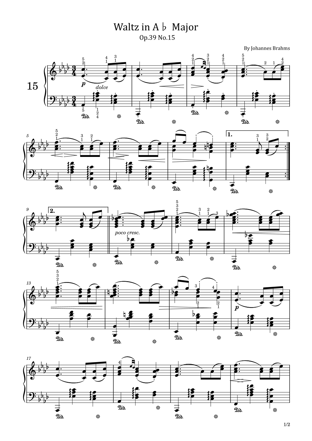 Brahms, Waltz in A-flat Major Op.39 No.15, for Piano Solo Original With Fingering (arr. poon)