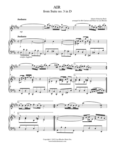 Bach - 'Air' from Suite no. 3 in D, for Bb Clarinet and Piano (arr. Len Rhodes)