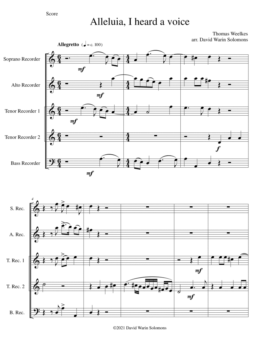 Alleluia, I heard a voice arranged for recorder quintet (arr. David Warin Solomons)