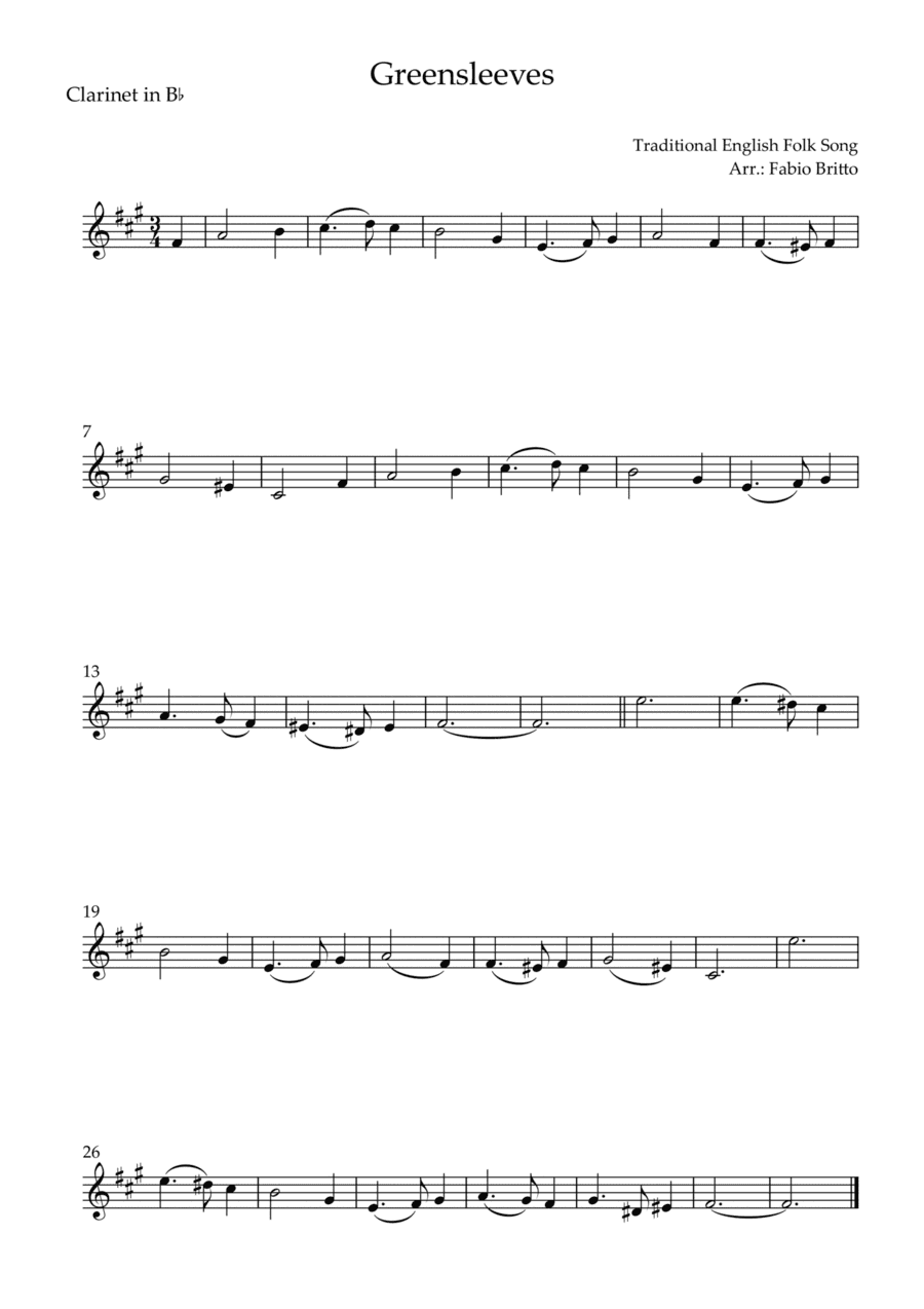 Greensleeves for Clarinet in Bb Solo (E Minor) (arr. Fabio Britto)