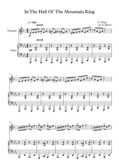 In The Hall Of The Mountain King, Edvard Grieg, For Trumpet & Piano (arr. Eugene Egorov)