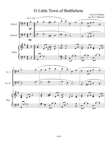 O Little Town of Bethlehem (Cello Duet) with piano accompaniment (arr. B. C. Dockery)