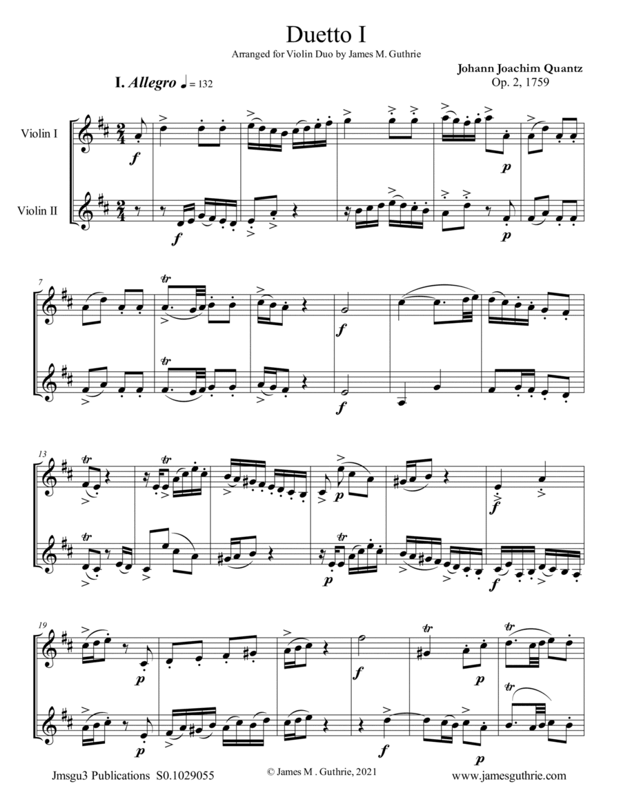 Quantz: Duetto Op. 2 No. 1 for Violin Duo (arr. James M. Guthrie)