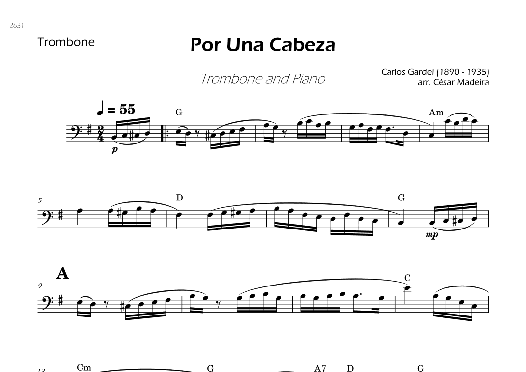 Por Una Cabeza - Trombone Solo - W/Chords (arr. César Madeira)