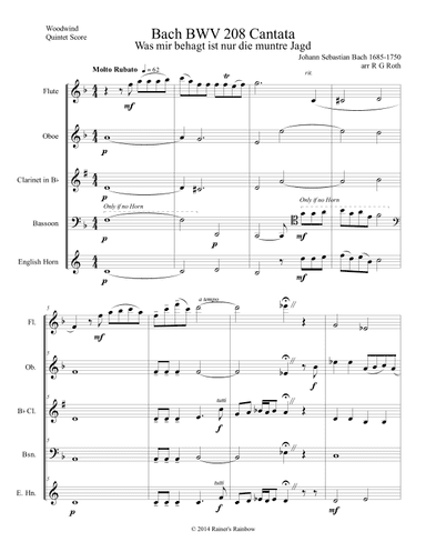 Bach BWV 208 Cantata Aria May Sheep Safely Graze (arr. R G Roth)