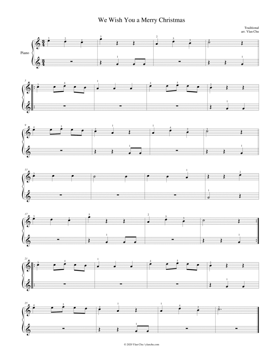 We Wish You a Merry Christmas (Easy Piano / 5 Finger / Piano Solo / Treble Clefs) (arr. Ylan Chu)
