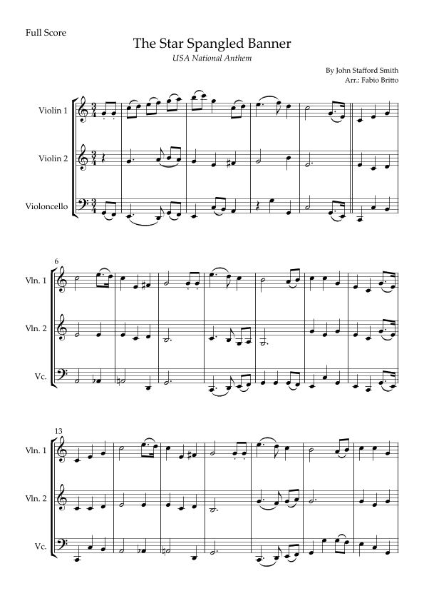 The Star Spangled Banner (USA National Anthem) for String Trio (arr. Fabio Britto)
