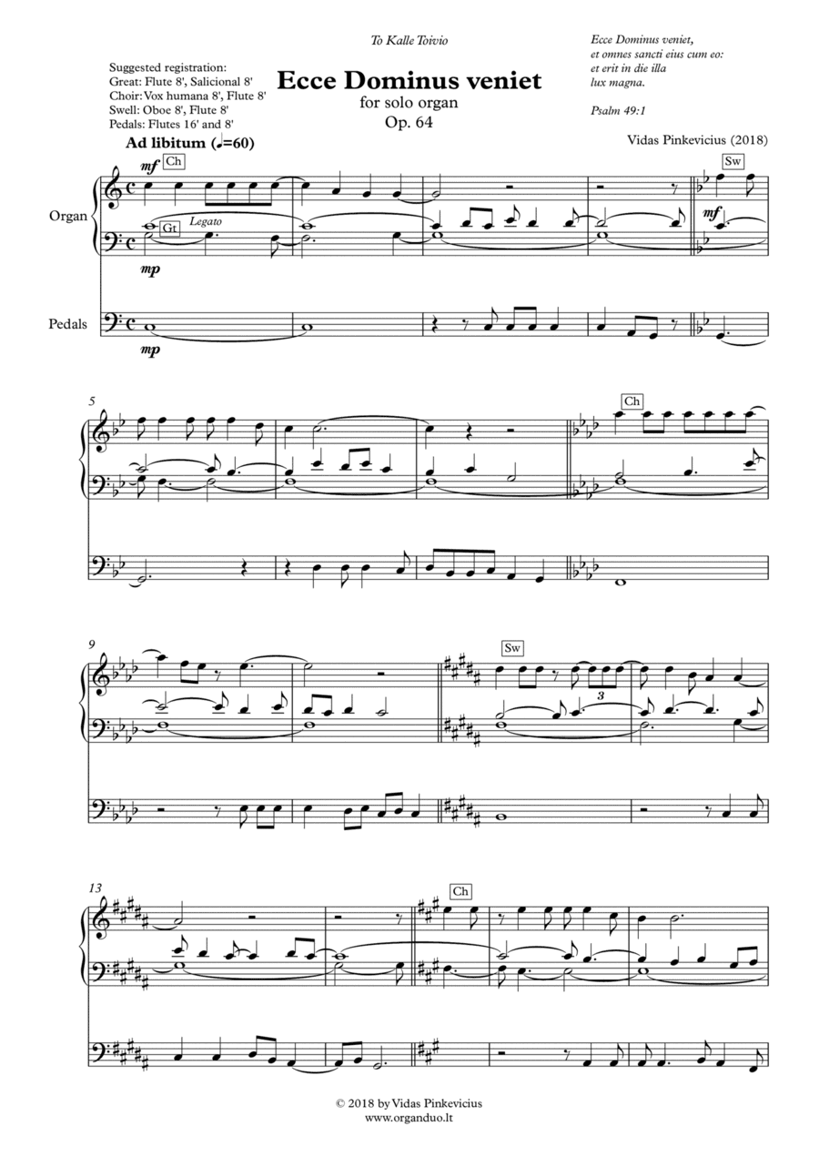 Ecce Dominus veniet, Op. 64 (2018) for solo organ by Vidas Pinkevicius