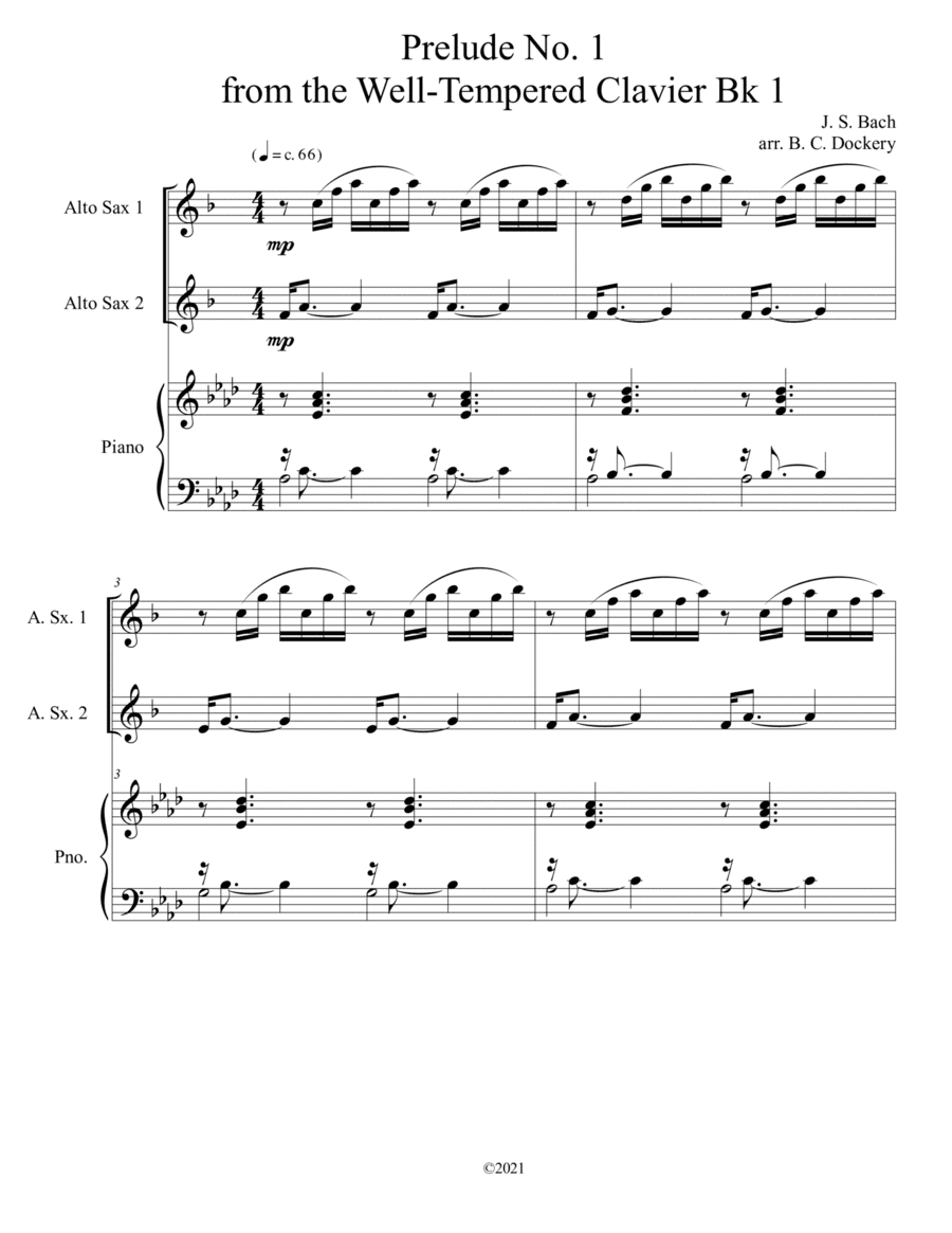Prelude No.1 from The Well-Tempered Clavier Book 1 BWV 846 (Alto Sax Duet) with optional piano accom (arr. B. C. Dockery)