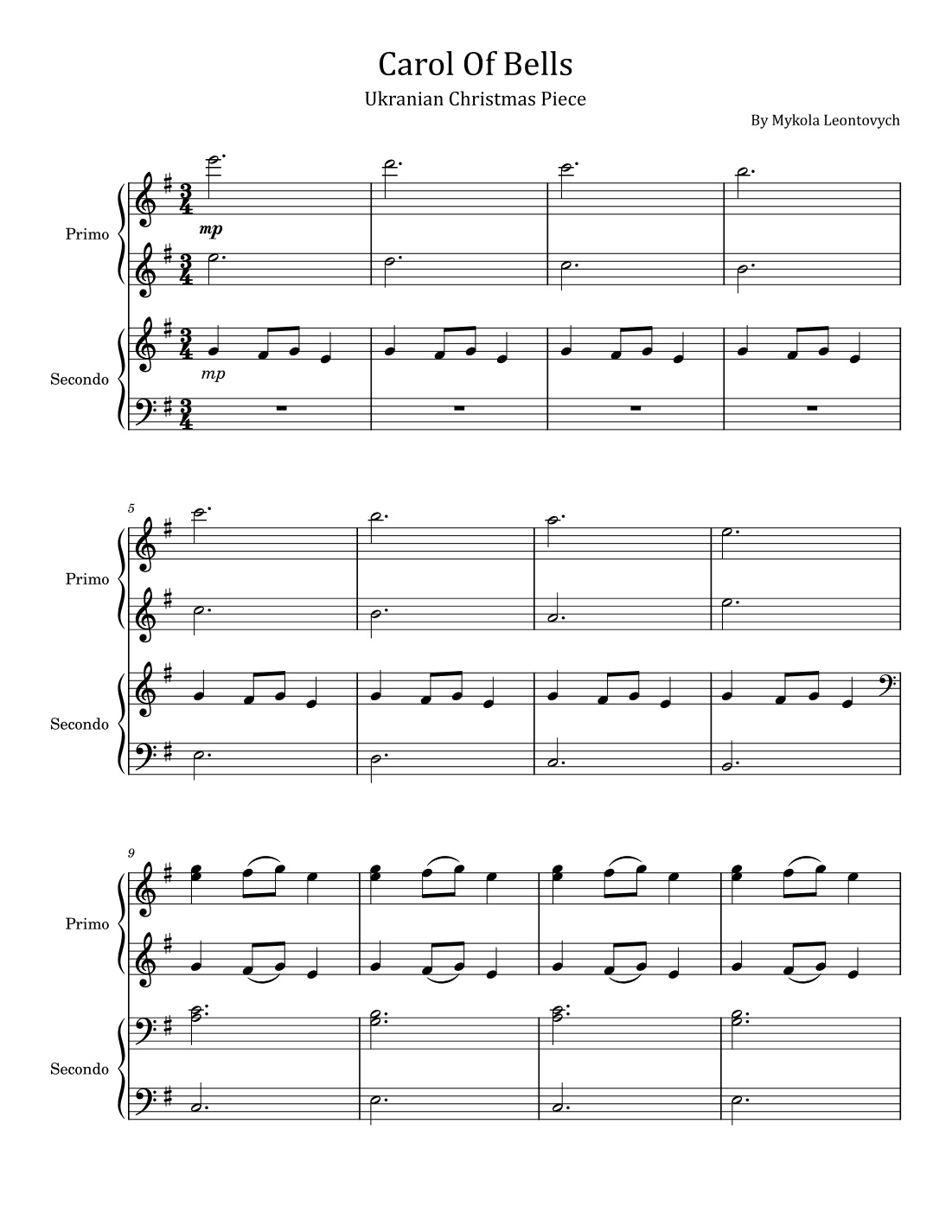 Carol Of The Bells - Ukranian Christmas Piece - for Piano four hands (arr. poon)