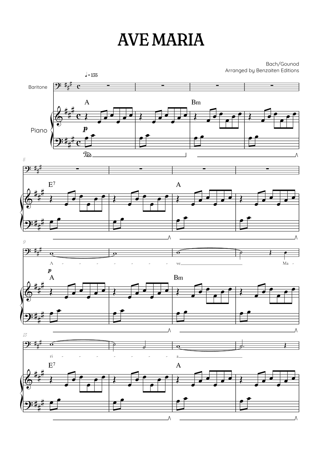 Bach / Gounod Ave Maria in A major • baritone sheet music with piano accompaniment and chords (arr. Benzaiten Editions)