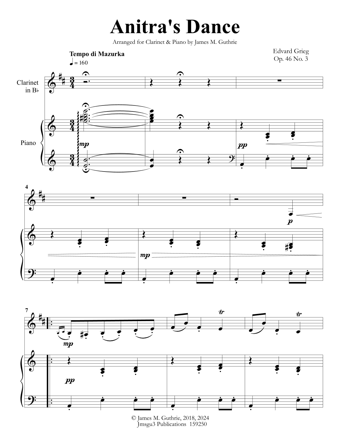 Grieg: Anitra's Dance from Peer Gynt Suite for Clarinet & Piano (arr. James M. Guthrie, ASCAP)