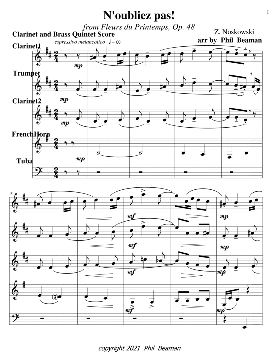 N'oubliez pas!-Noskowski-Clarinet and Brass Quintet 2 (arr. Phil Beaman)
