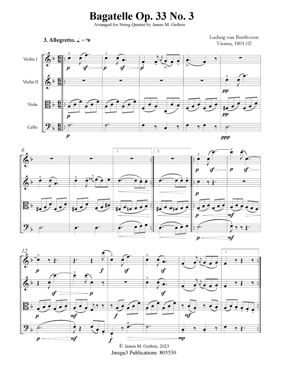 Beethoven: Bagatelle Op. 33 No. 3 for String Quartet (arr. James M. Guthrie, ASCAP)