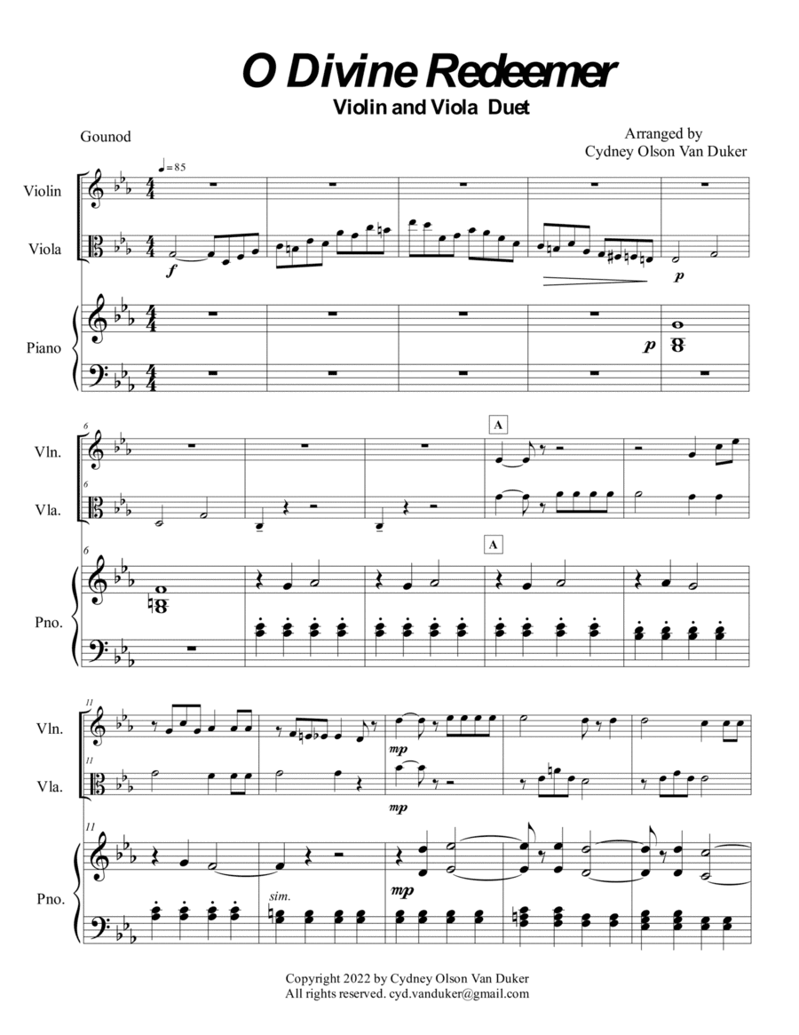 O Divine Redeemer violin, viola and piano (arr. Cydney Olson Van Duker)