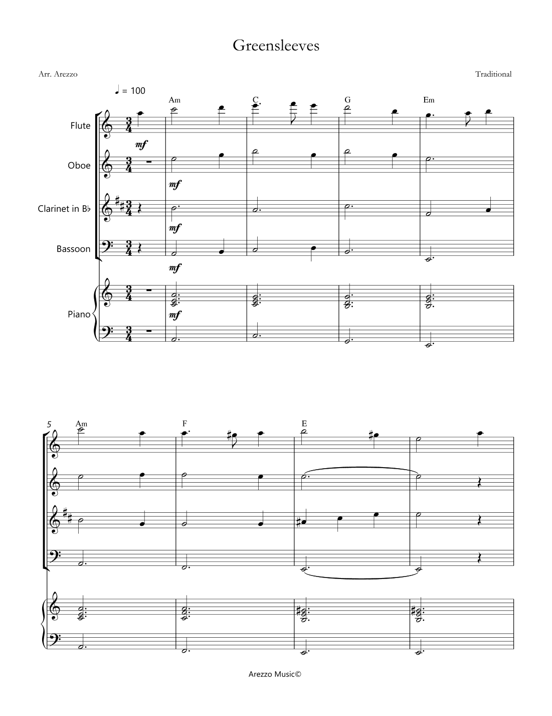 greensleeves woodwind quartet sheet music and piano chord symbols (arr. Arezzo Music)