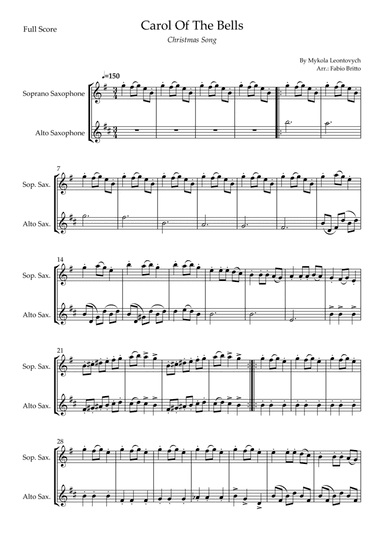 Carol Of The Bells (Christmas Song) for Soprano Saxophone & Alto Saxophone Duo (D Minor) (arr. Fabio Britto)