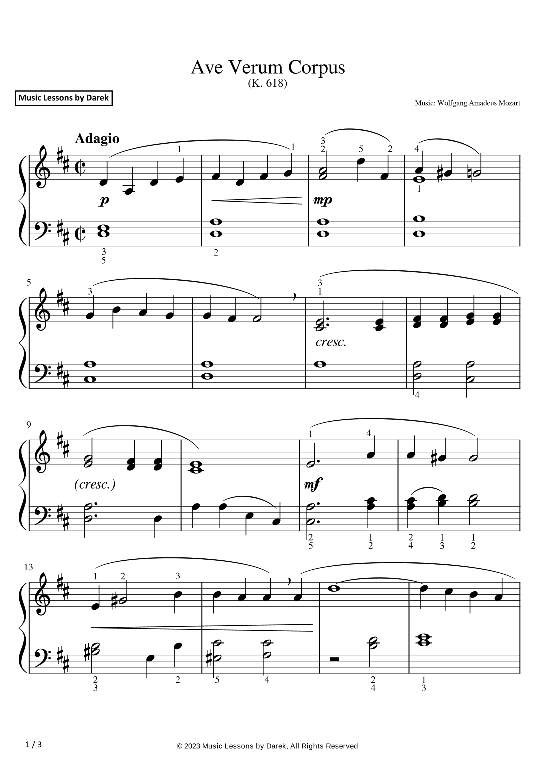 Ave Verum Corpus (EASY PIANO) (K. 618) [Wolfgang Amadeus Mozart] (arr. Darek)