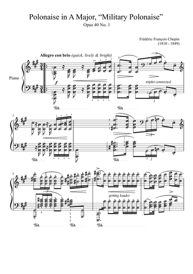 Polonaise in A Major, "Military Polonaise" Op. 40 No. 1 (with note names, finger guides & terms mean (arr. Published Harmony Valarie)