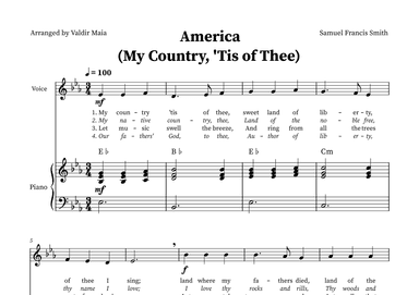 America (My Country, 'Tis of Thee) - Voice and Piano in E-flat (+CHORDS) (arr. Valdir Maia)