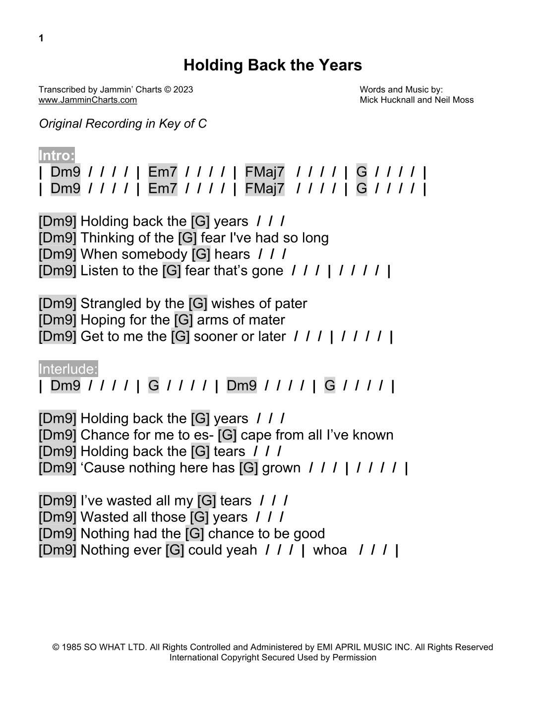 Holding Back The Years (arr. Jammin' Charts)