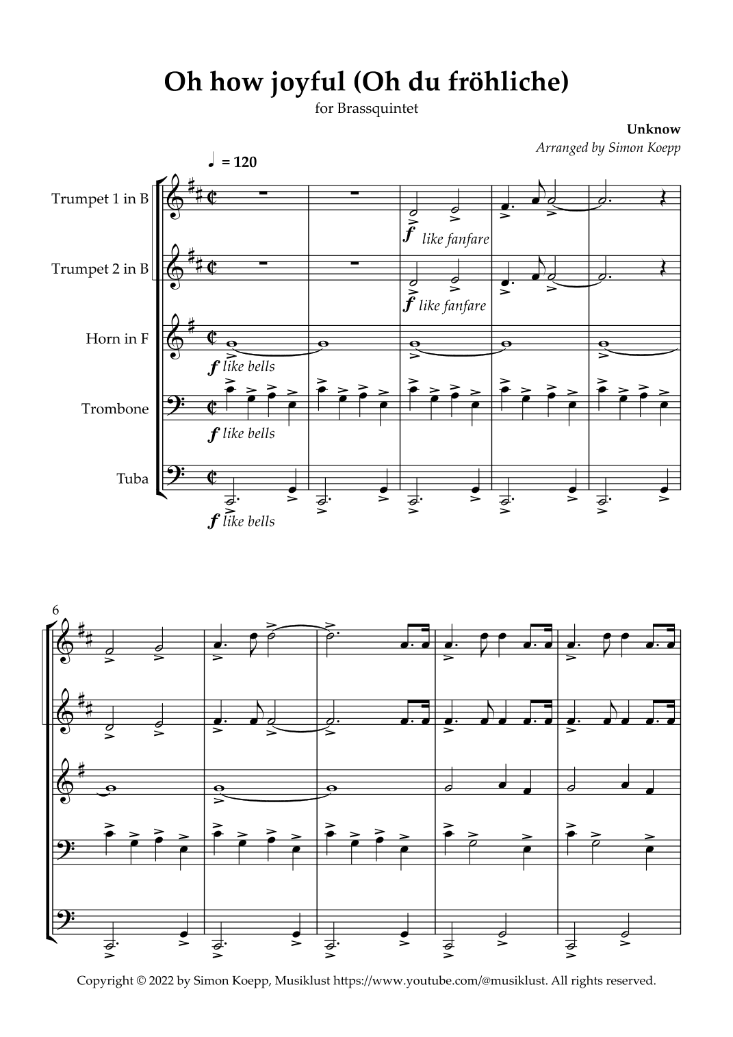 Oh, How Joyfully (Oh du fröhliche) for Brassquintet (arr. Simon Koepp)