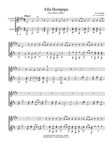 Alla Hornpipe from Water Music for clarinet in Bb and guitar (arr. K. Krantz)