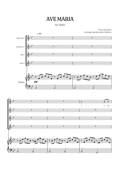 Schubert Ave Maria • SSAA choir sheet music with easy piano accompaniment (arr. Benzaiten Editions)