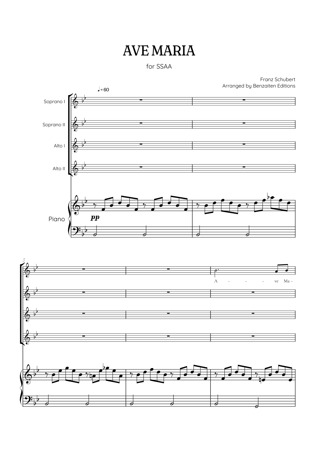 Schubert Ave Maria • SSAA choir sheet music with easy piano accompaniment (arr. Benzaiten Editions)