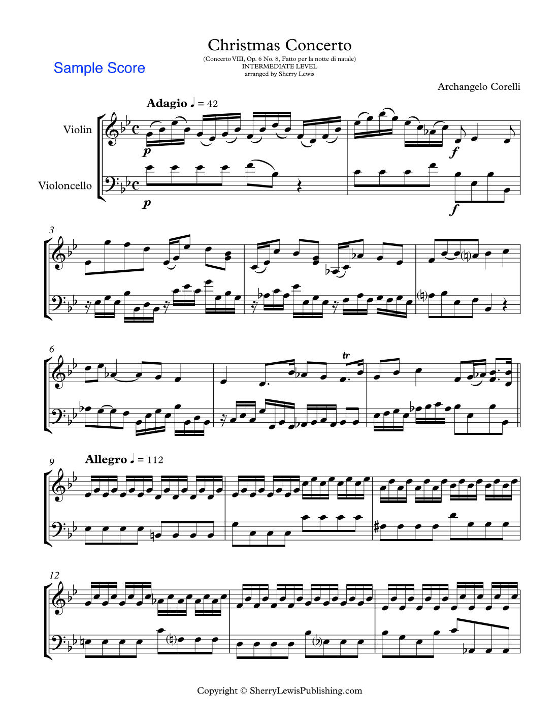 CHRISTMAS CONCERTO - Adagio & Allegro - STRING DUO - (Violin and Cello) Concerto VIII Op. 6 No. 8, F (arr. Sherry Lewis)