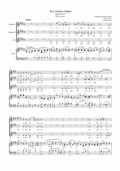 Wolfgang Amadeus Mozart - Ave Verum (SSA Version - Score + Choir Part) (arr. ANDRE LAITANO)