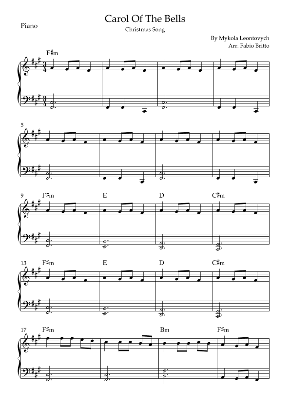 Carol Of The Bells (Christmas Song) for Easy Piano Solo with Chords (A/F#m) (arr. Fabio Britto)