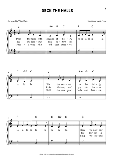 Deck The Halls - Easy Beginner Piano (Chords and Lyrics) (arr. Valdir Maia)