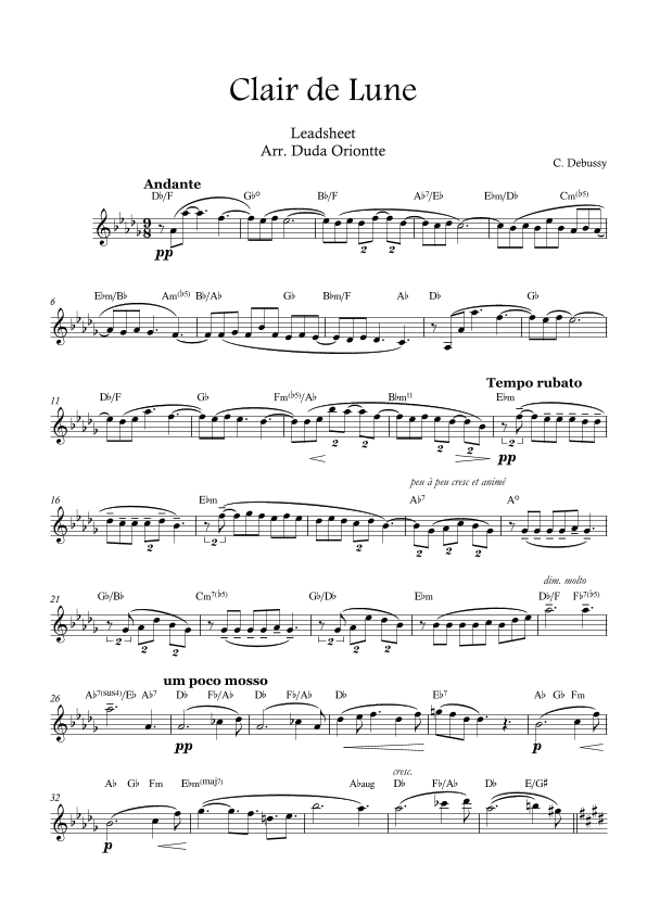 Clair de Lune  ( Leadsheet - original key - D flat ) (arr. Duda Oriontte)
